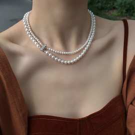 微镶宝箱扣双层玻璃珍珠长毛衣项链感叠戴真多麻银灰色锁骨链