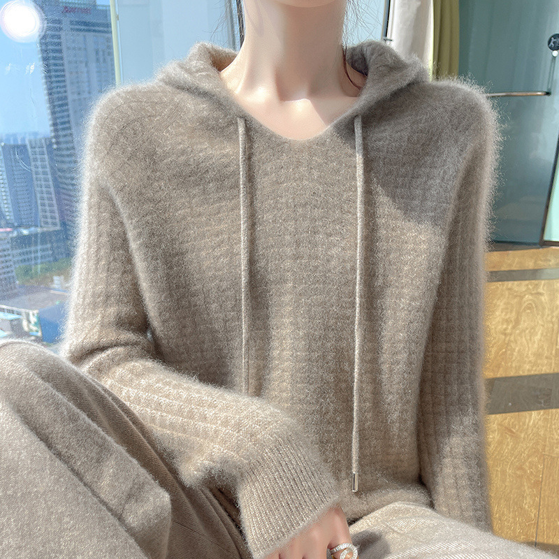 Seven-pin thickened waffle hooded sweater for women autumn and winter new casual all-match warm cashmere knitted bottoming shirt