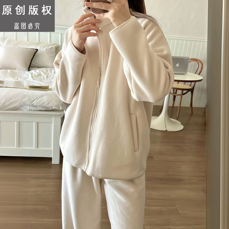 25 New Winter Women's Dolphin Velvet Pajamas Stand Collar Zipper Suit Polar Fleece Thickeneded Warm Loose Home Clothes
