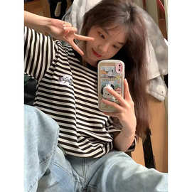 美式条纹短袖T恤女夏季ins宽松国潮牌设计感小众复古情侣半袖上衣