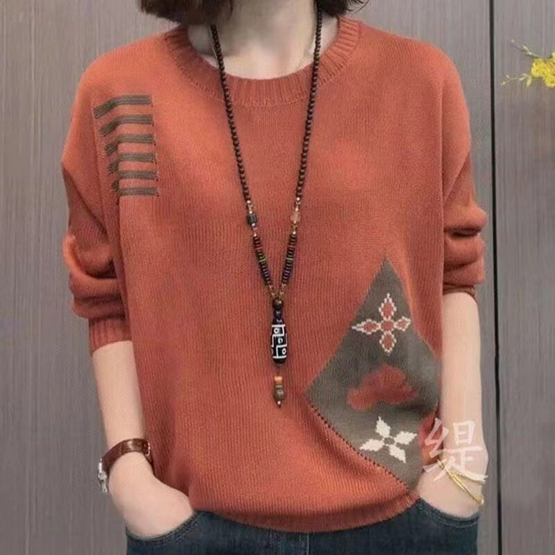 Stylish Round Neck Slimming Knit Sweater for Women, New Spring and Autumn Loose Fit Versatile Mother's Wear, Jacquard Long Sleeve Base Shirt Stylish Round Neck Slimming Knit Sweater for Women, New Spring and Autumn Loose Fit Versatile Mother's Wear, Jacquard Long Sleeve Base Shirt