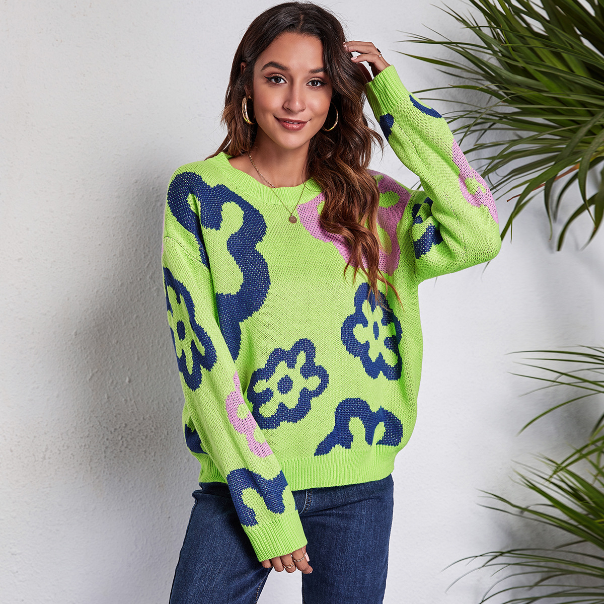 Independent station explosive flower jacquard off-shoulder knitted sweater women loose autumn and winter new European and American women cross-border