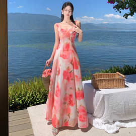 2023印花甜美花色无袖吊带裙高腰字长裙木耳边浪漫大裙摆连衣裙