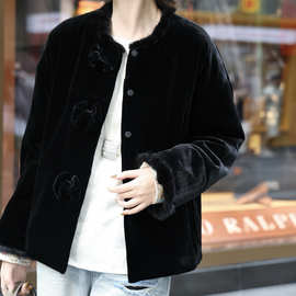 减龄真丝丝绒蝴蝶结扣真水貂毛袖口加棉外套南油秋冬季新中式批发