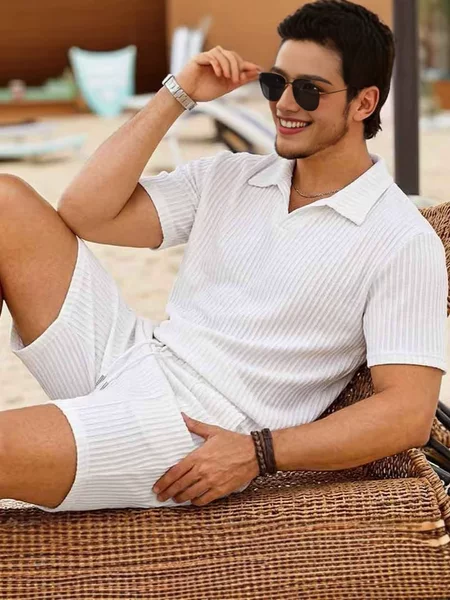 2026 New Men's Suit European and American Cross-Border Summer Fashion Casual Polo Short-Sleeved Shirt and Shorts Two-Piece Set