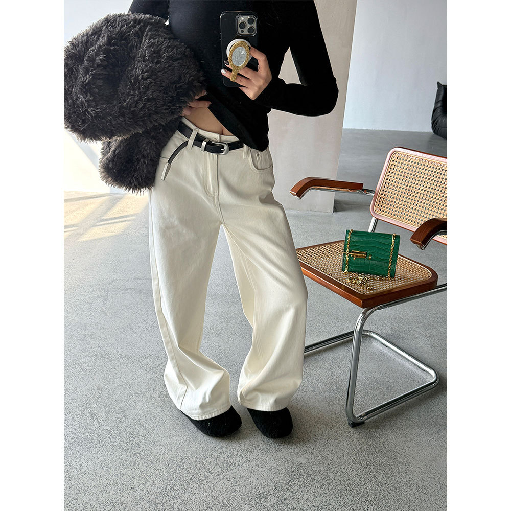 【王琪芝】百搭加绒直筒白色牛仔裤女冬洋气高腰宽松阔腿裤WQ081
