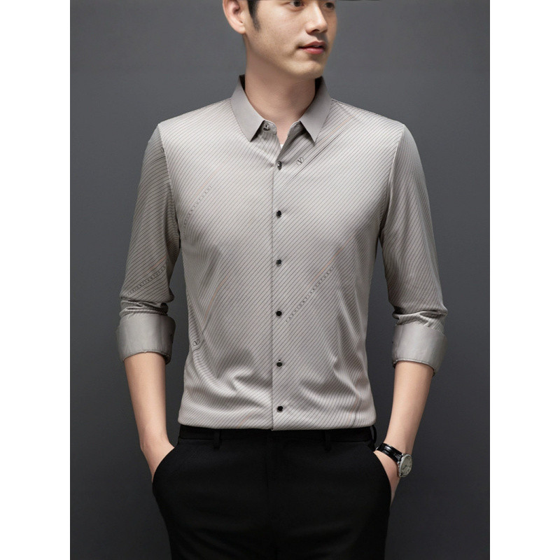 (2개) 멀버리 실크 남성용 긴팔 셔츠 봄 가을 얇은 중년 비즈니스 솔리드 컬러 솔기 없는 가벼운 럭셔리 무다림 셔츠