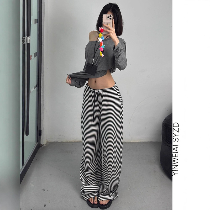 American Black and White Striped Casual Pants for Women 2025 New High-Waisted Loose Draped Lazy Style Sports Straight Wide-Leg Pants
