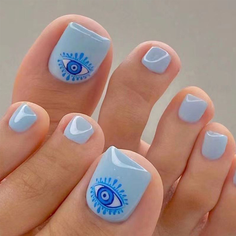 Foreign Trade Spring and Summer Toe Nail Extensions in Light Blue, Fresh and Eye-Catching Nail Tips, 24 Pieces of European and American Style Fake Nails Wholesale