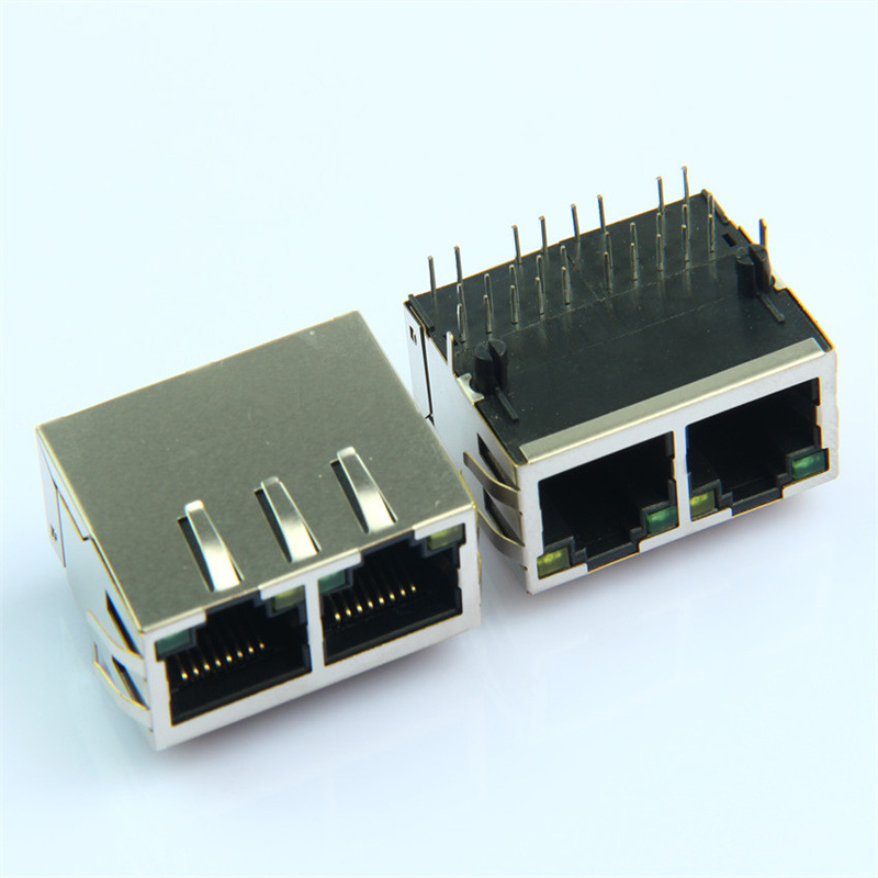 Rj45 Network Port Dual Port with Light and Transformer Filter Integrated Gigabit 10P10C Network Interface Connector Manufacturer Rj45 Network Port Dual Port with Light and Transformer Filter Integrated Gigabit 10P10C Network Interface Connector Manufacturer