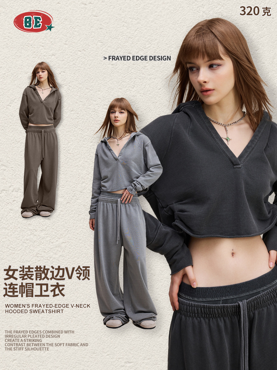 BE ropa de mujer de otoño de 2025 Europa y América vintage hottie chaqueta de cuello en V camiseta doblada corta con capuzas de manga larga chaqueta de mujer image 5
