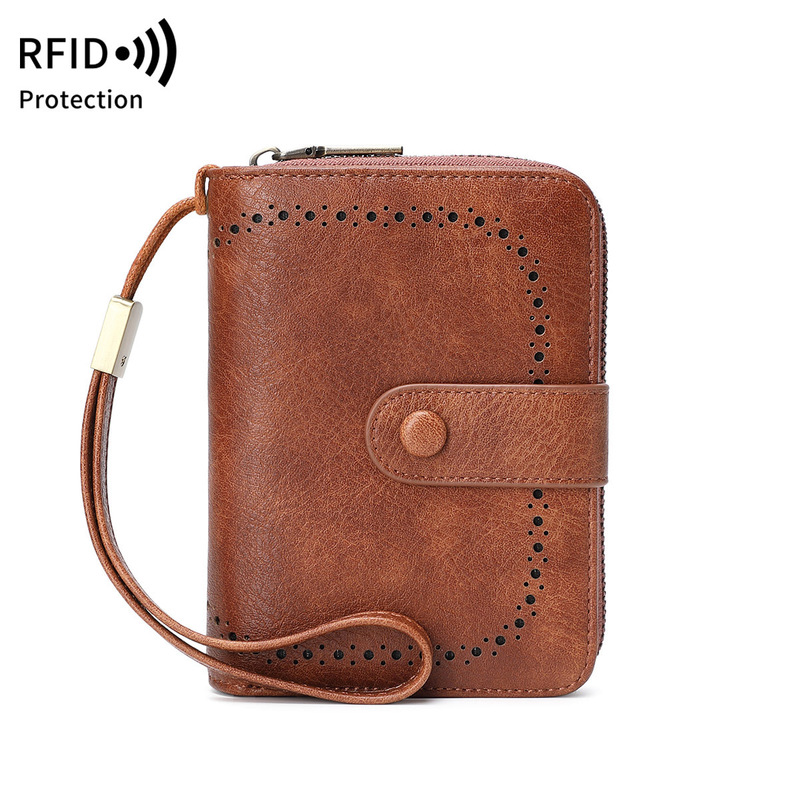 Cross-border New RFID Anti-theft Brush Women's Wallet Oil Wax Leather Short Wallet European and American Retro Multifunctional Organ Card Bag Cross-border New RFID Anti-theft Brush Women's Wallet Oil Wax Leather Short Wallet European and American Retro Multifunctional Organ Card Bag