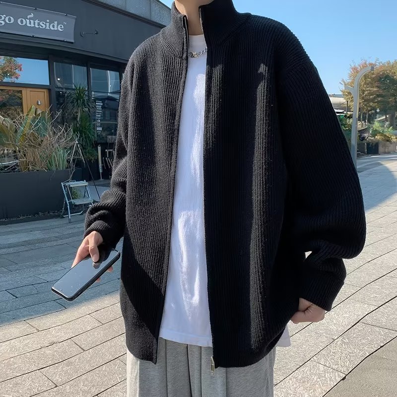 Chaqueta con cremallera estilo perezoso cárdigan suéter hombre otoño e invierno grueso perezoso de alta gama cuello alto suéter marca de moda japonesa