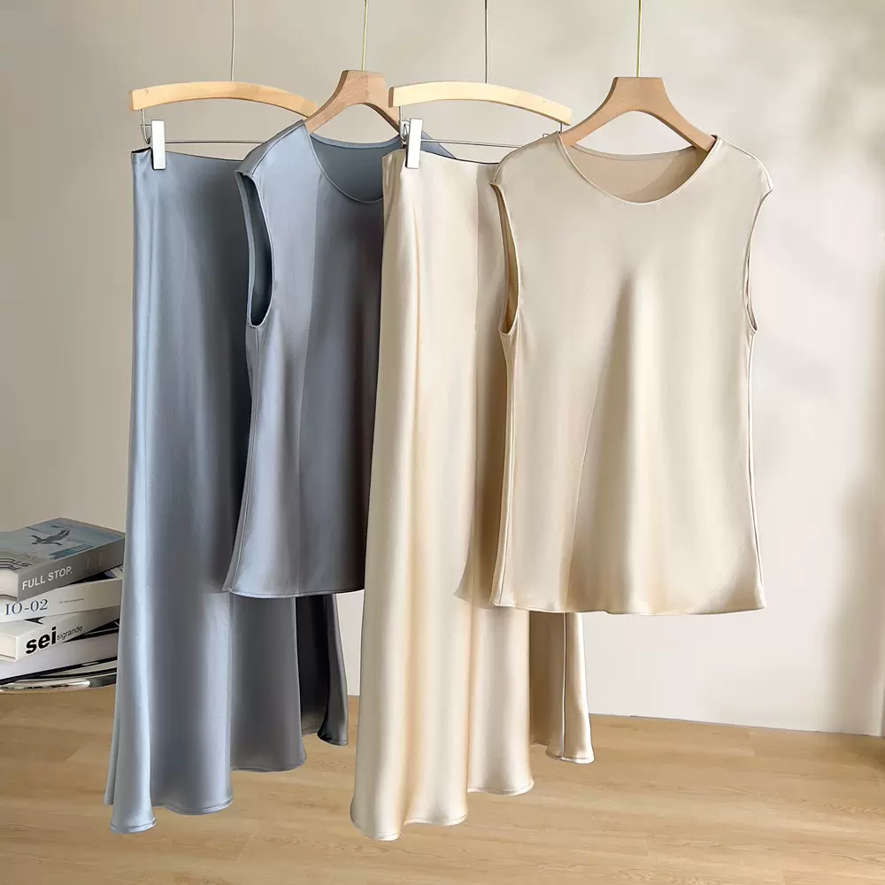 恩迪2026年高级感夏季醋酸缎面无袖背心显瘦高腰半身裙套装两件套