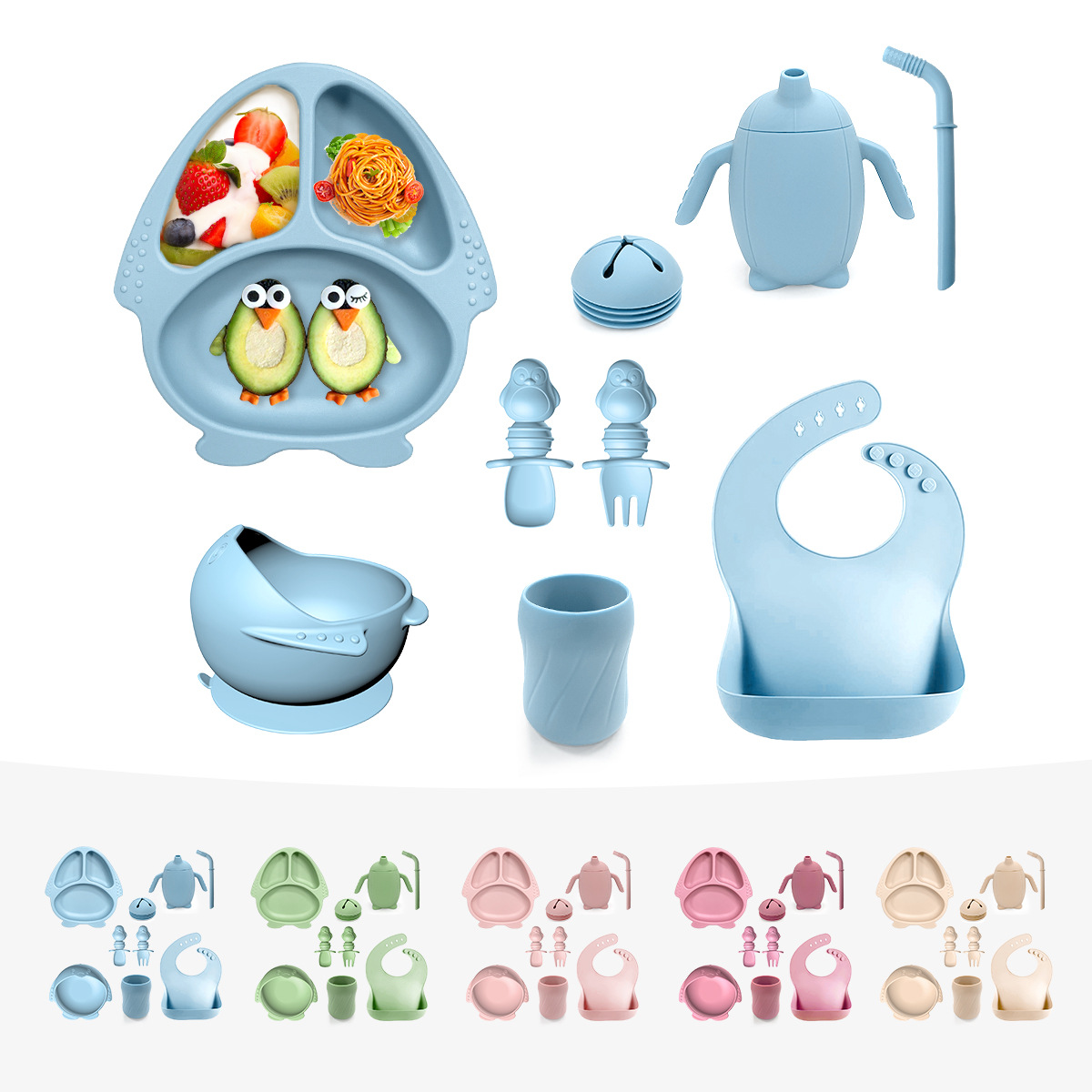 2024 nuevos productos para niños platos de silicona cubiertos suplemento platos cucharas pingüino platos de ocho piezas conjunto de suministros para madre y bebé