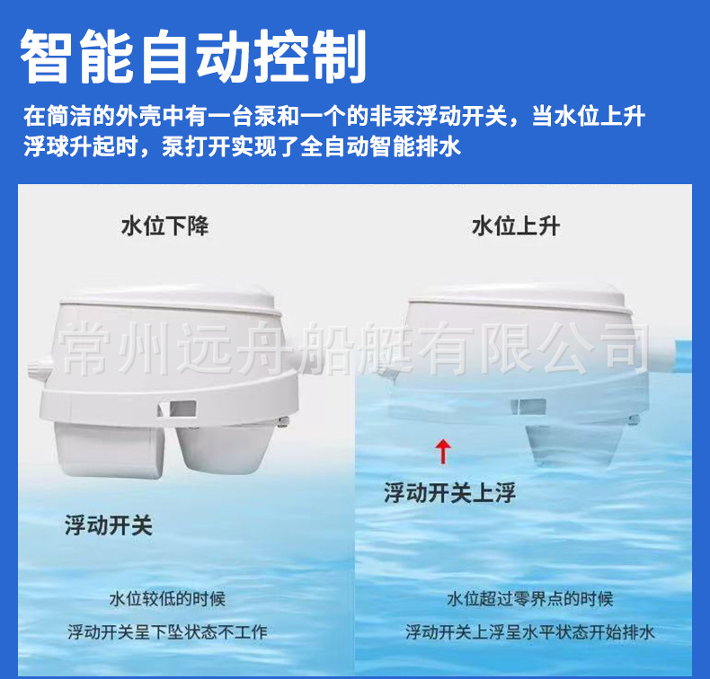 Fully automatic bilge pump for small RVs, 12V/24V marine bilge drainage pump, yacht battery bilge pump