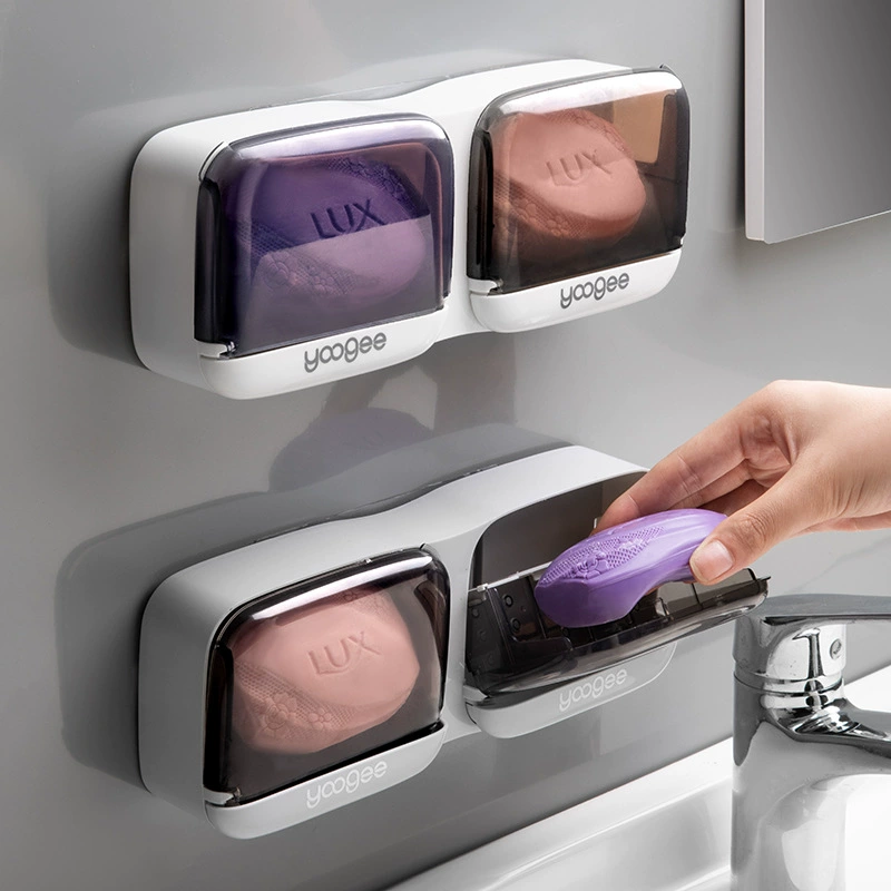 Wall-Mounted Soap Box (yoogee YC378) — Dustproof suction-cup soap rack, single or double grid