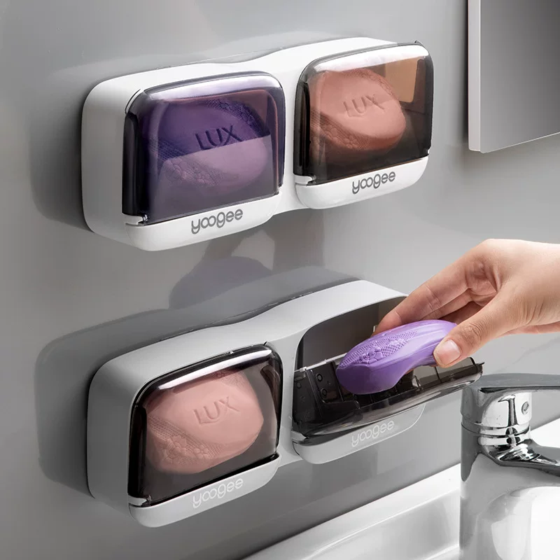 Wall-Mounted Soap Box (yoogee YC378) — Dustproof suction-cup soap rack, single or double grid
