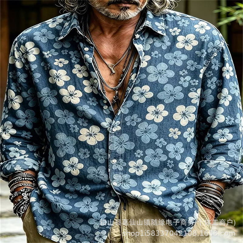 2026m Plum blossom and orange cat ink print shirt, men's textured new Chinese style loose long-sleeve shirt