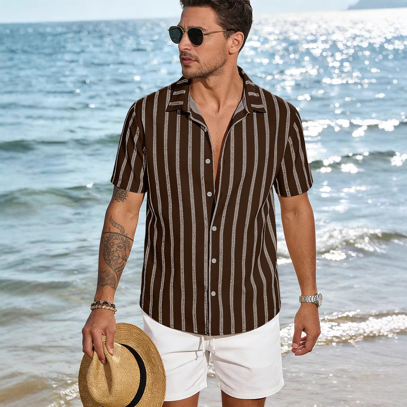 Amazon verano nuevo hombre con la solapa a rayas cardigan de manga corta americano gran camisa casual de comercio exterior camiseta hombre