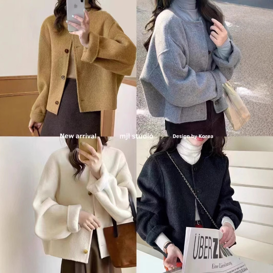 2025d 봄 새로운 작은 큰 소매 양면 울 코트 한국 짧은 실루엣 따뜻한 코트 여성
