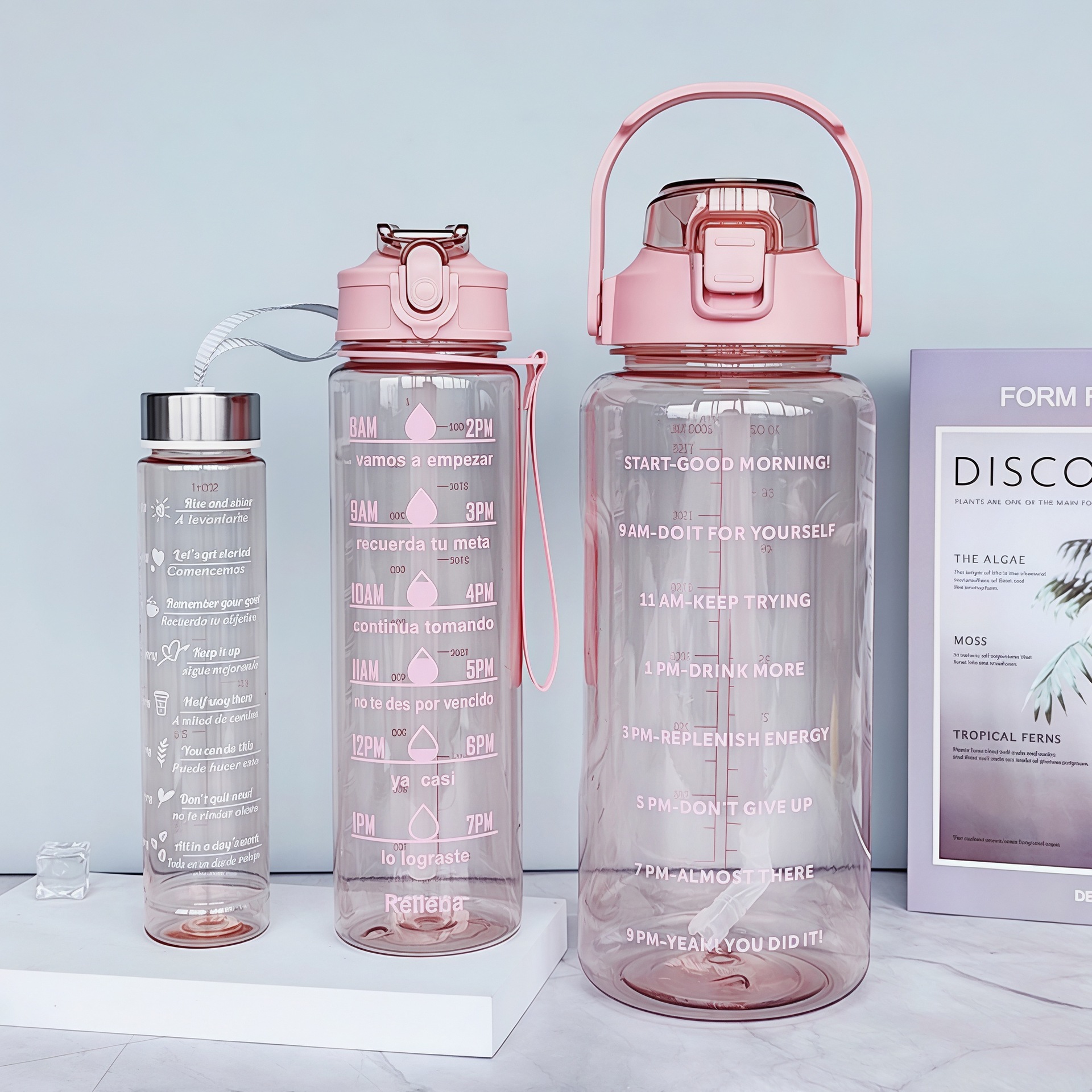 Summer Large-Sized Convenient Plastic Sports Water Bottle with Straw, Three-Piece Set, Large Capacity Water Cup, Ton-Ton Bucket Water Jug