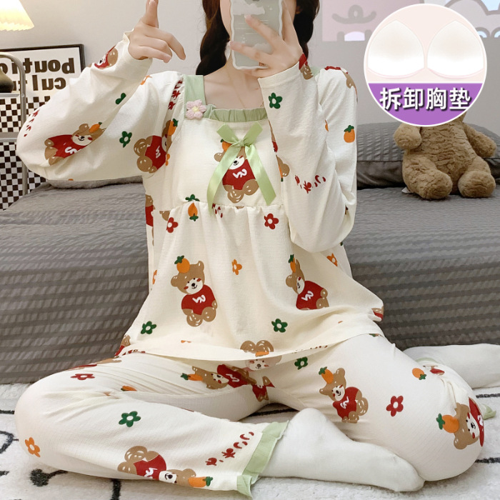 Primavera y otoño nuevo pijamas de las mujeres tejido crepe cuello cuadrado pullover pantalones manga larga con almohadilla en el pecho dulce desgaste del hogar traje