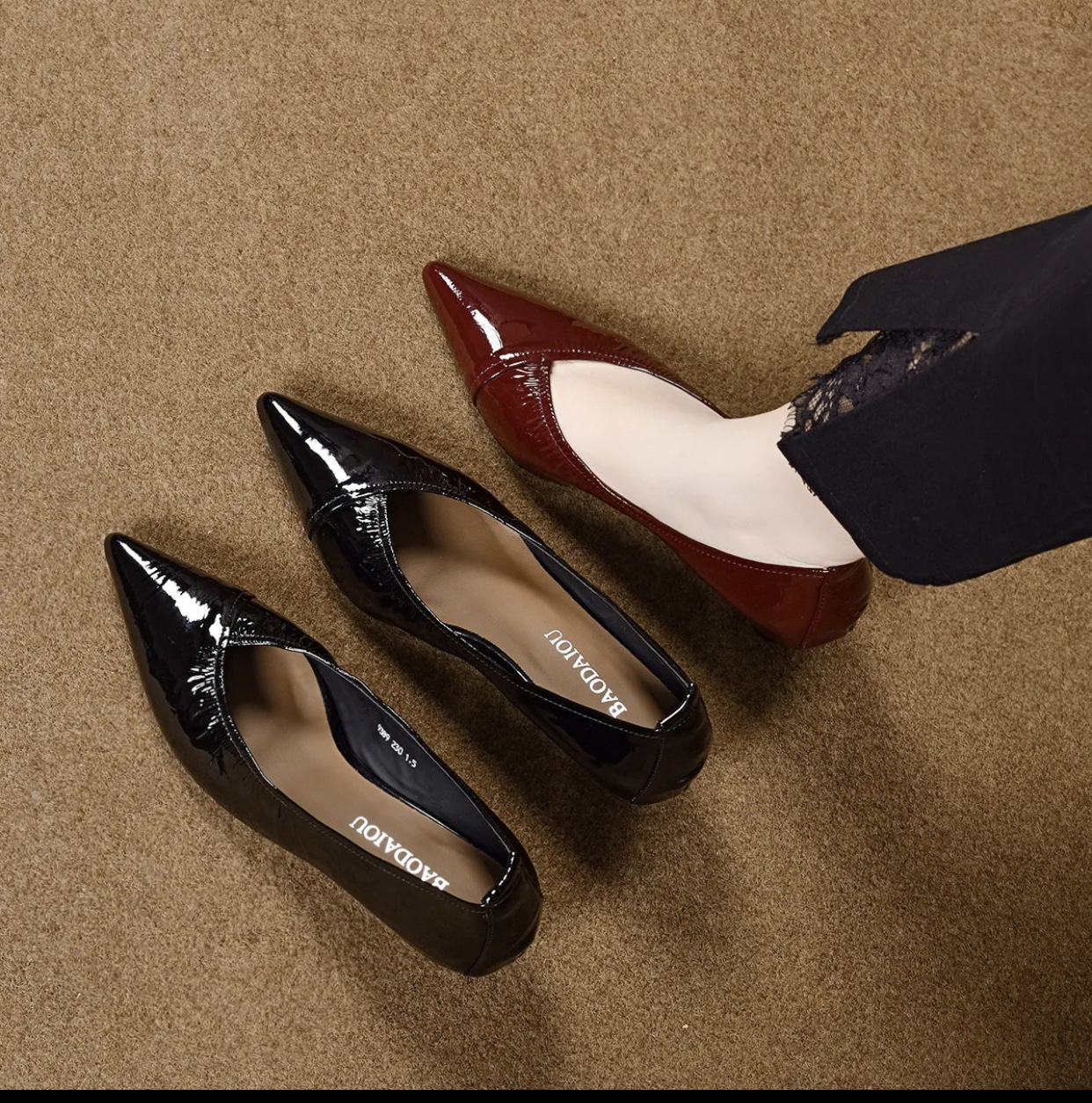 European Fashion Autumn New Wrinkled Patent Leather Shallow Pointed Toe Small Block Heel Low-Top Fashion Single Shoes Work Shoes Women's Shoes