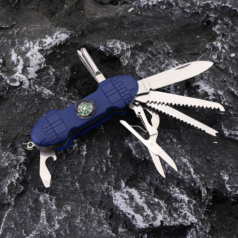 不锈钢多功能小刀 可折叠便携户外野营刀具 带指南针口袋小刀