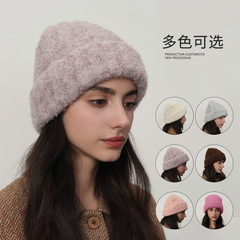 新款时尚个性保暖护耳百搭复古显脸小翻边羊毛毛线针织帽女秋冬季
