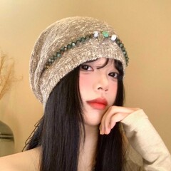 韩版秋冬帽子女款复古百搭民族风串珠包头帽大头围保暖针织毛线帽