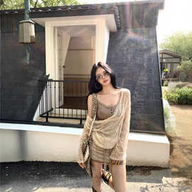 大码美式辣妹风设计感假两件连衣裙女装夏季收腰显瘦包臀裙子