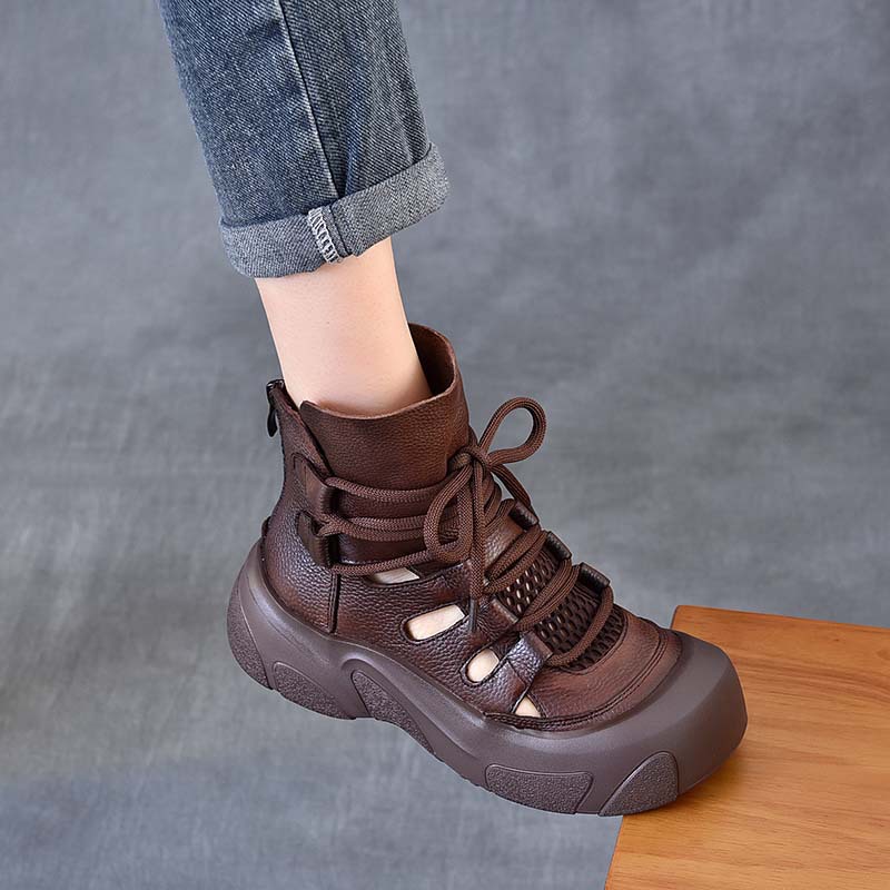 以一春夏新款头层牛皮复古镂空短靴夏季透气马丁靴软底罗马鞋凉靴