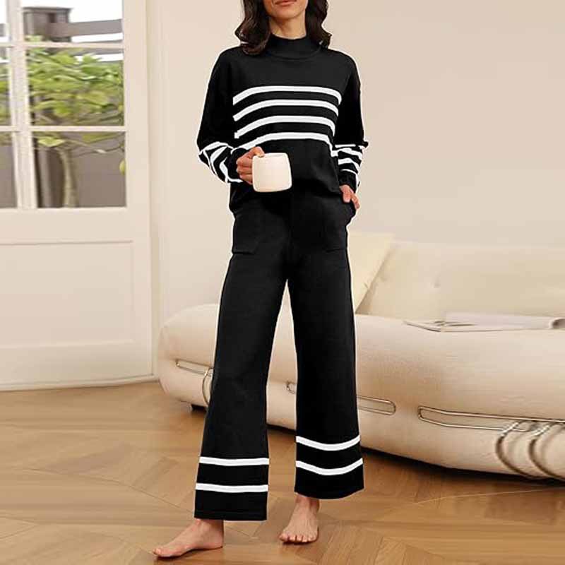Strickset mit Kontraststreifen – Halb-Rollkragenpullover & Weite Hose (Oversized-Outfit)_voghion.com