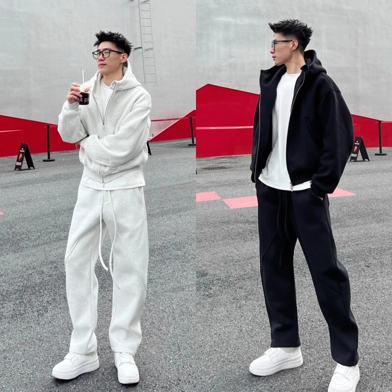 Autumn and Winter Fleece Optional Boxy Heavyweight American Loose Suit Men's Hooded Cardigan Sweatshirt Casual Sports Straight Pants