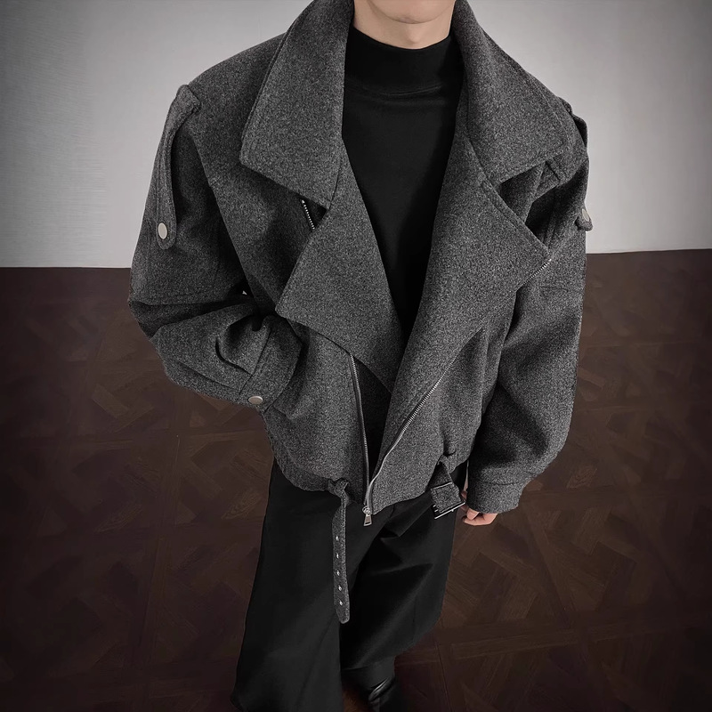 Gray Woolen Coat for Men, Winter Cleanfit Deconstructed High-End Niche Woolen Jacket, Waist-Cinched Short Style