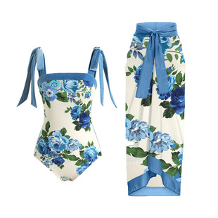 Fresh Blue Rose Print Swimsuit Set Romantic Floral Lace-Up Beach Swimsuit Women's One-Piece Half-Length Strappy Skirt