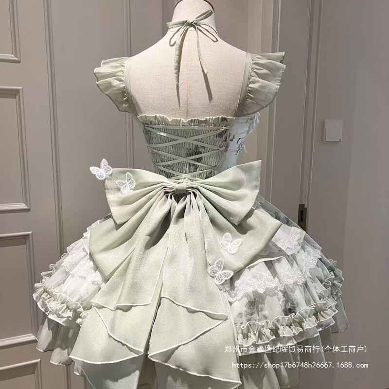 白と緑の蝶の夏の爽やかなロリータプリンセス女の子の誕生日スカートJSK成人式ドレステール|undefined