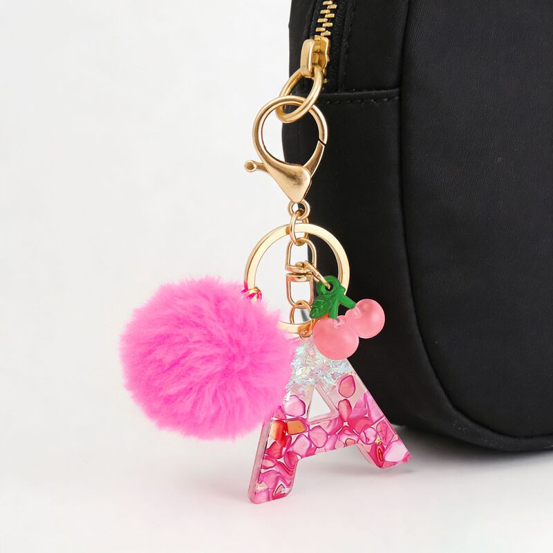 Cross-Border Cherry Rose Red Pom-Pom Initial Letter Keychain Resin Letter Keychain Women's Bag Pendant Cross-Border Cherry Rose Red Pom-Pom Initial Letter Keychain Resin Letter Keychain Women's Bag Pendant