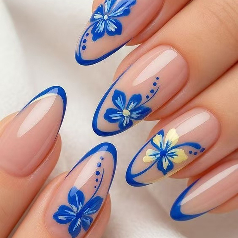 Summer Blue Floral French Almond Press-On Nails Simple Style Cross-Border Fake Nails Press-On Nail Pieces