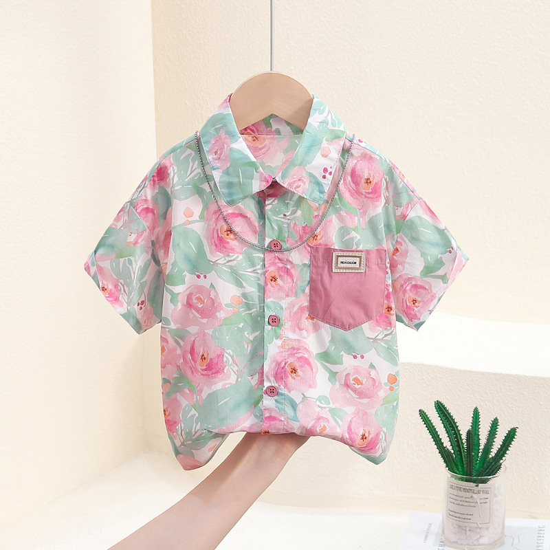 7848 Camisa de manga corta para niños 2024 nuevos tops de calle fritos guapos para niños ropa de verano para bebés camisa de flores para niños marea