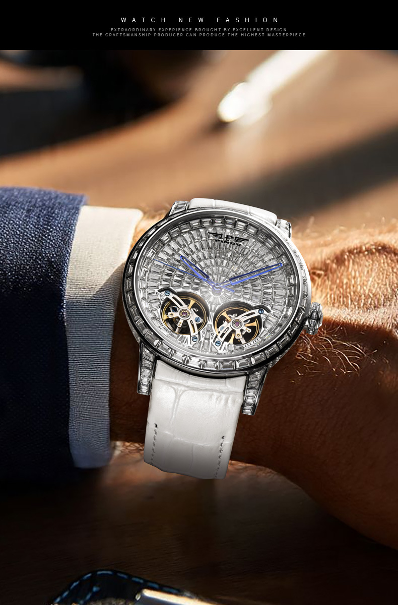 Đồng hồ nam automatic lộ máy phát quang đính đá hai bánh xe bay chống nước đa năng chi tiết 8