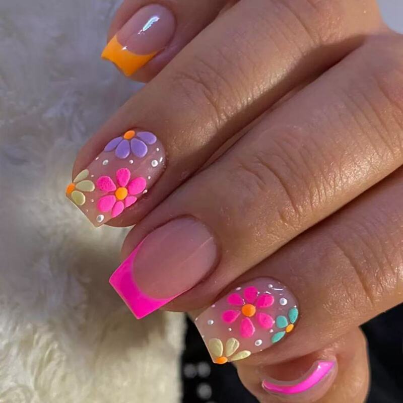 24 Pieces of Cross-Border Wearable Nails, Colorfulful Flower French Manicure, Exquisite Whitening and Gentleness, European and American Chinese Prefabricated Nails Wholesale