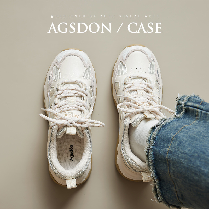 Augu Shiden White Sports Shoes for Women 2026 New Spring Style Fleece-Lined Lightweight Casual Hiking Thick-Soled Dad Shoes