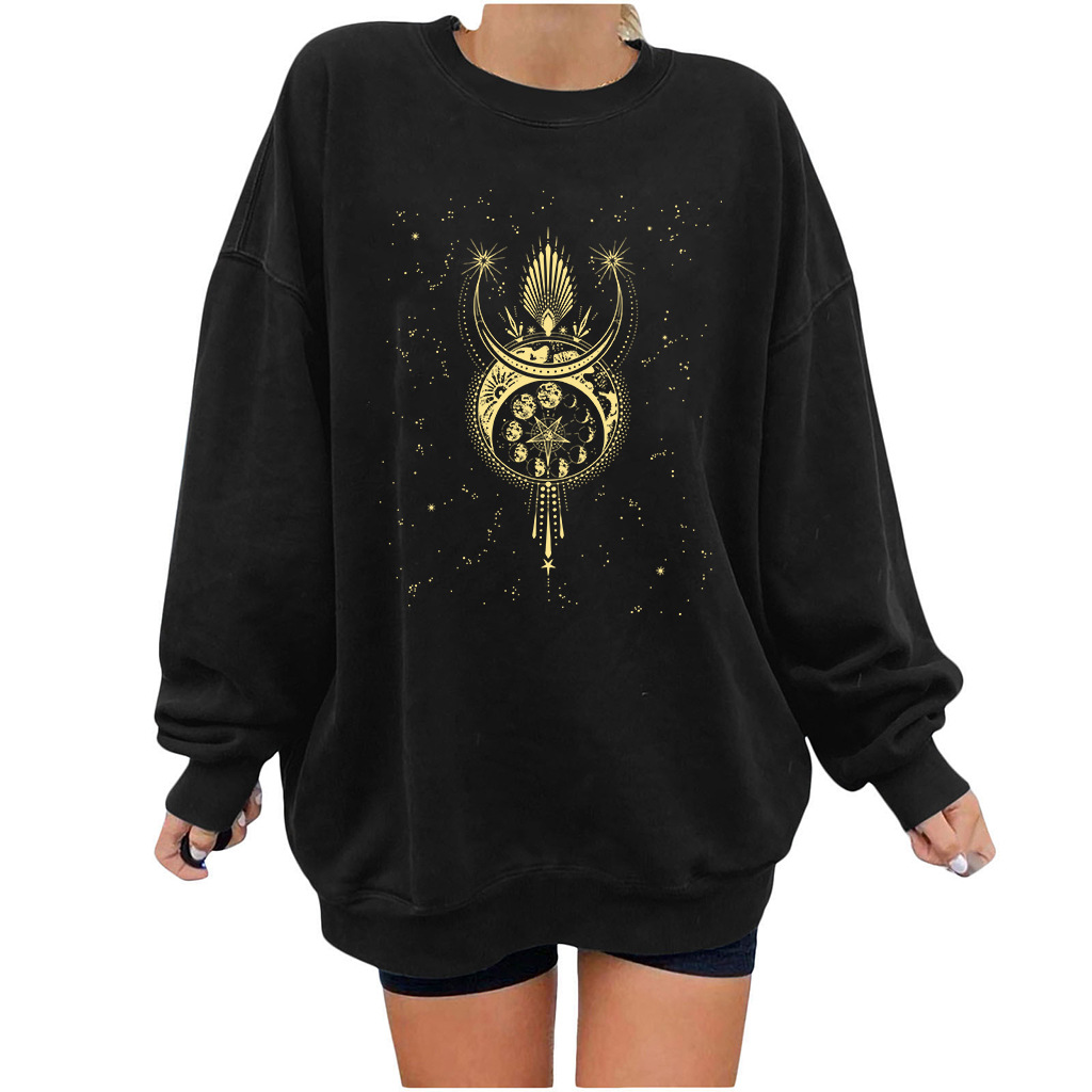 women s dropped shoulder round neck moon phase five-pointed star pringting fleece sweatershirt nihaostyles wholesale clothing NSYUM79717