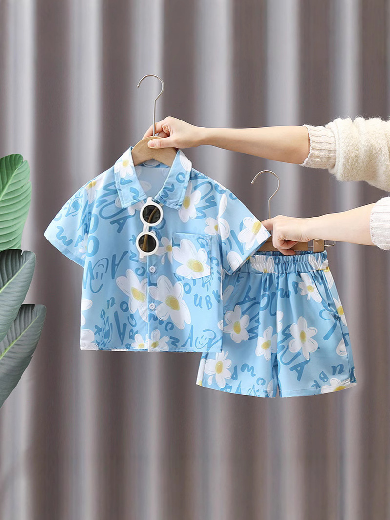 7113 Traje de ropa de playa para niños Camisa de flores de manga corta de verano Pantalones cortos Ropa de verano de vacaciones para niños Traje de dos piezas Red Red Tide