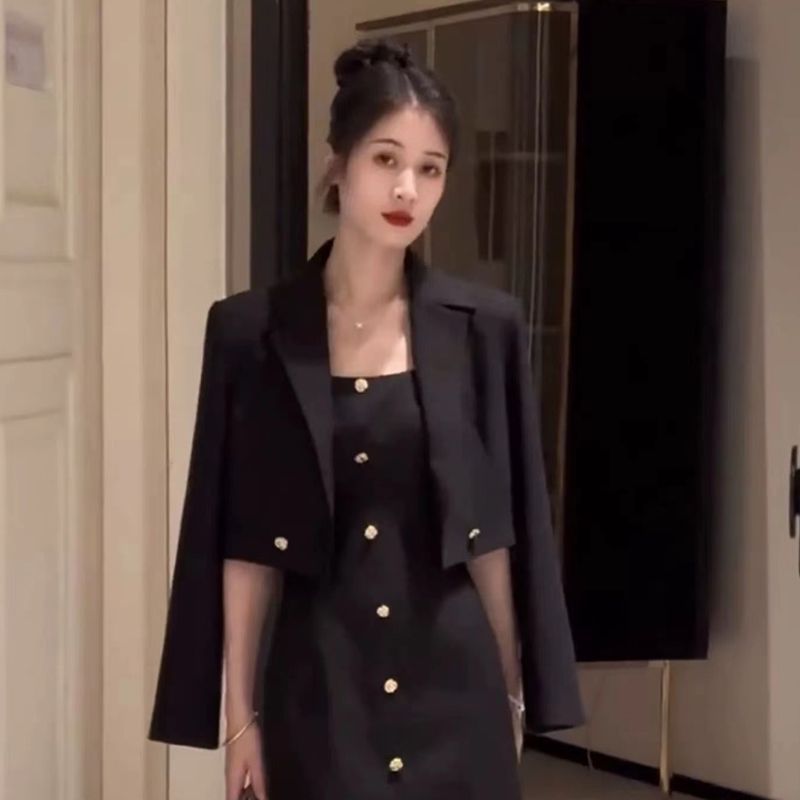 法式高端气质小香风套装女春季2025新款短款外套背心连衣裙两件套|undefined