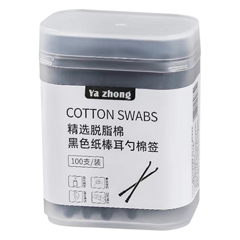 Doble cabeza de doble uso 2 en 1 hisopo de algodón absorbente negro cuchara de oído maquillaje hogar desechable hisopo de algodón limpieza del oído 100 piezas