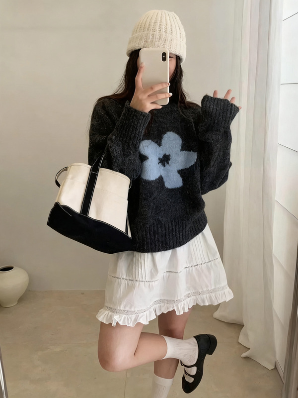 韩系花朵提花圆领毛衣套头女2025秋冬新款宽松设计感针织衫上衣潮|undefined