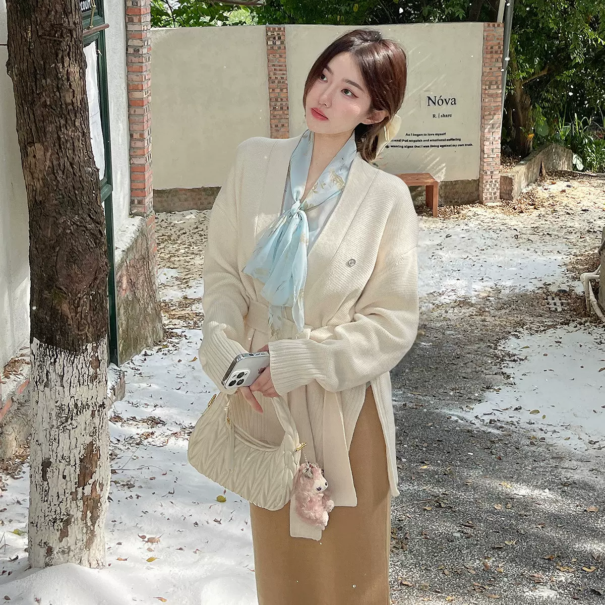 针织开衫宽松中长款毛衣秋冬系带外搭长袖外套上衣女